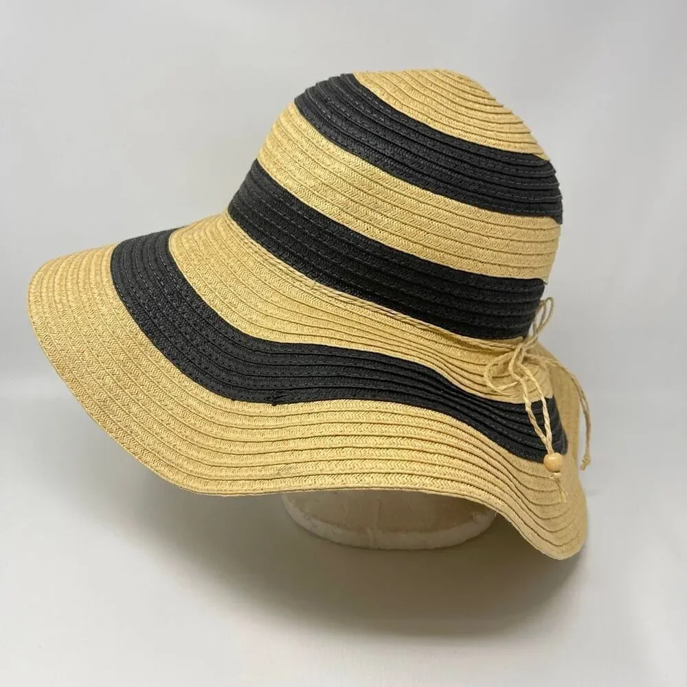 Panama Jack Sun Straw Hat Tan Navy Blue Tassel Floppy Wide Brim Women’s OSFM